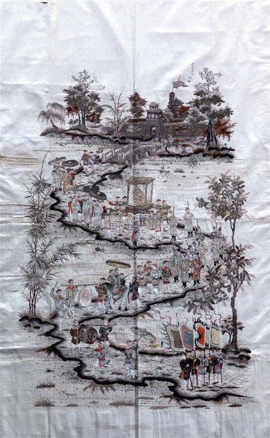 A large Chinese cream silk panel, c.1880-1910, 240 x 156cm including borders